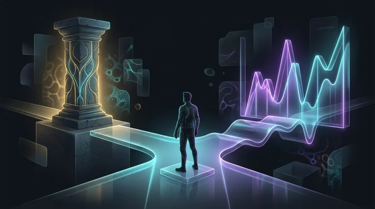 Person at a fork in a path choosing between a stable stone pillar and a fluctuating stock market for annuity planning.