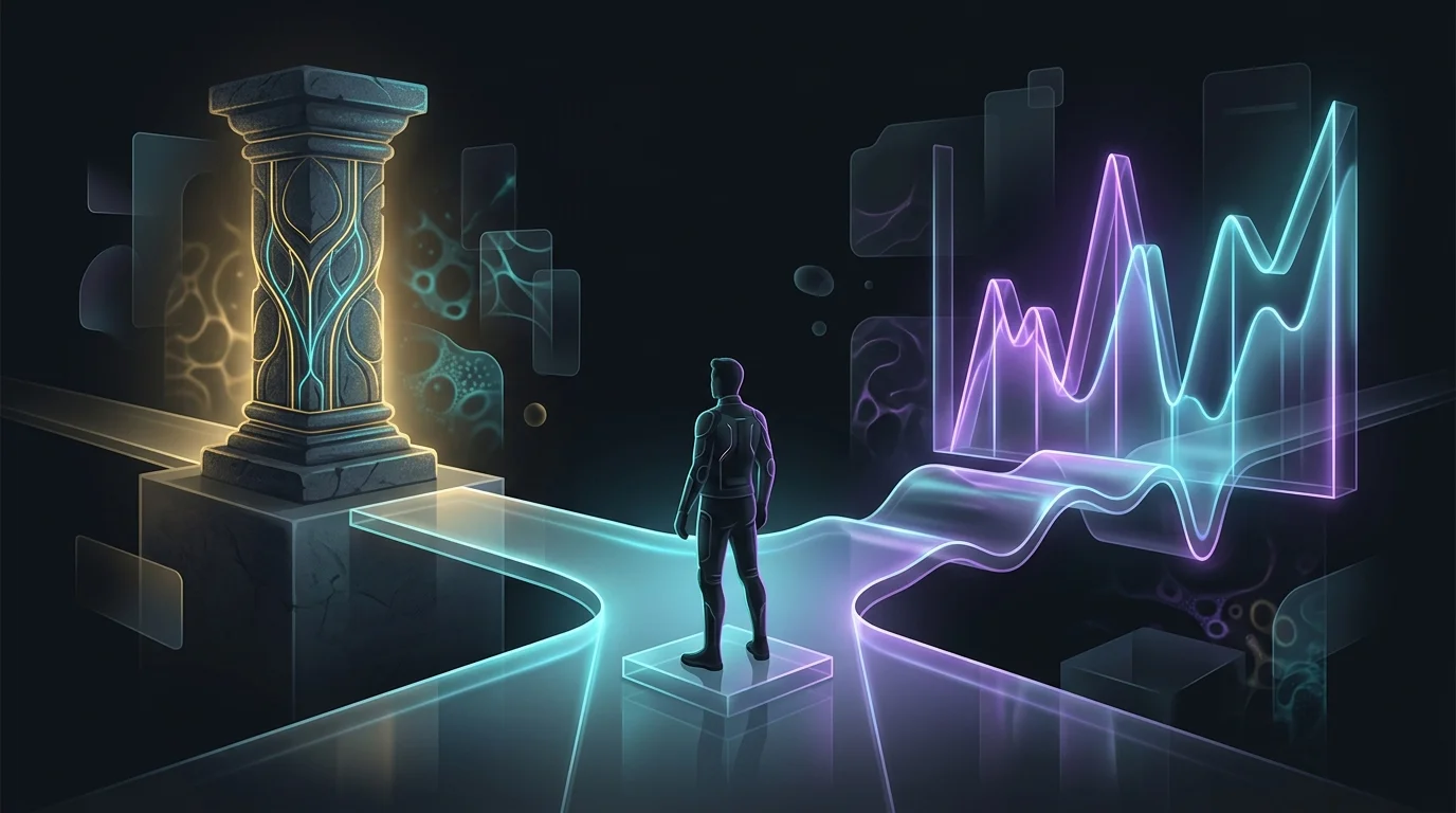 Person at a fork in a path choosing between a stable stone pillar and a fluctuating stock market for annuity planning.