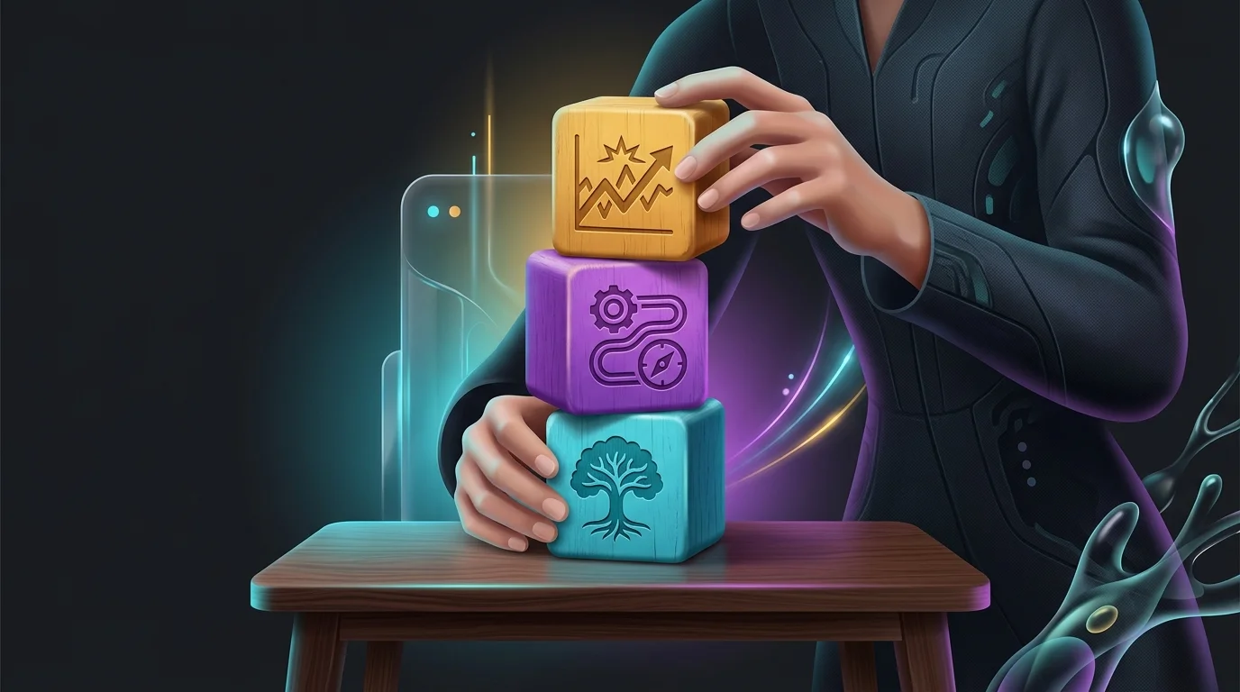 Person balancing wooden blocks representing whole, universal, and variable life insurance for retirement planning.