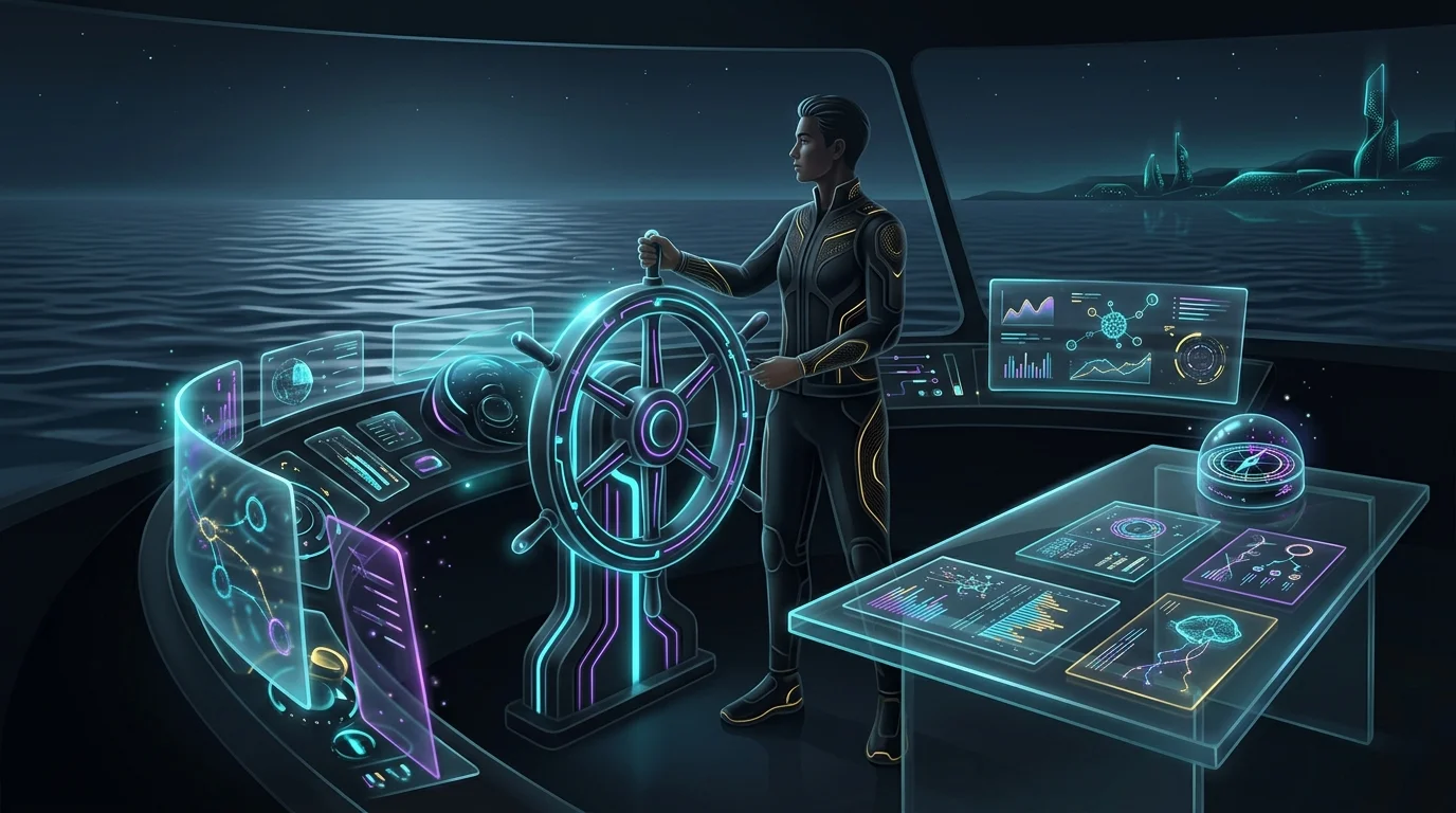 Person steering a ship with financial documents, representing a guide for your infinite banking journey.