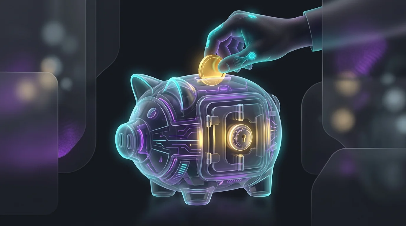 Person placing a gold coin into a vault-shaped piggy bank to represent secure growth with infinite banking companies.