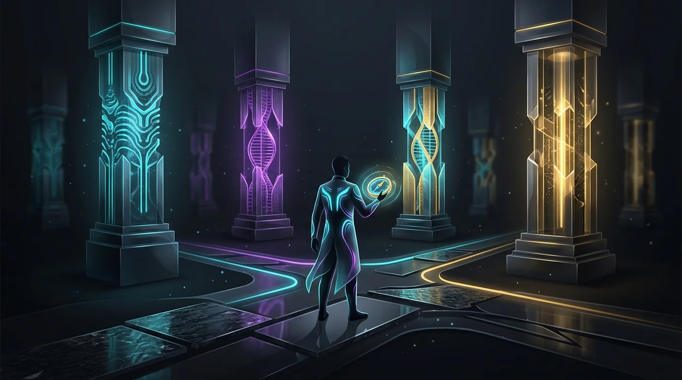Person with a compass choosing between pillars representing top infinite banking companies for financial growth.