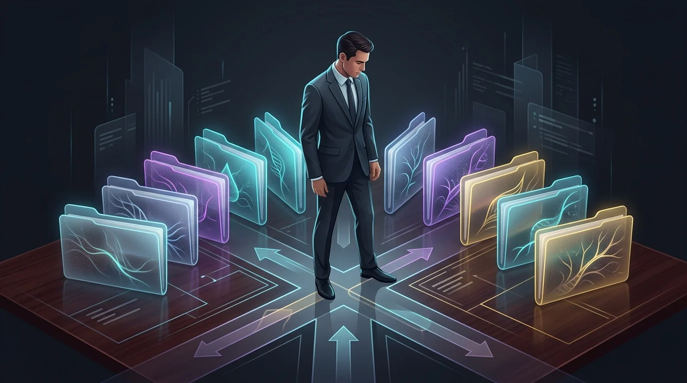 Person in a suit selecting from ten infinite banking life insurance policy folders on a desk.