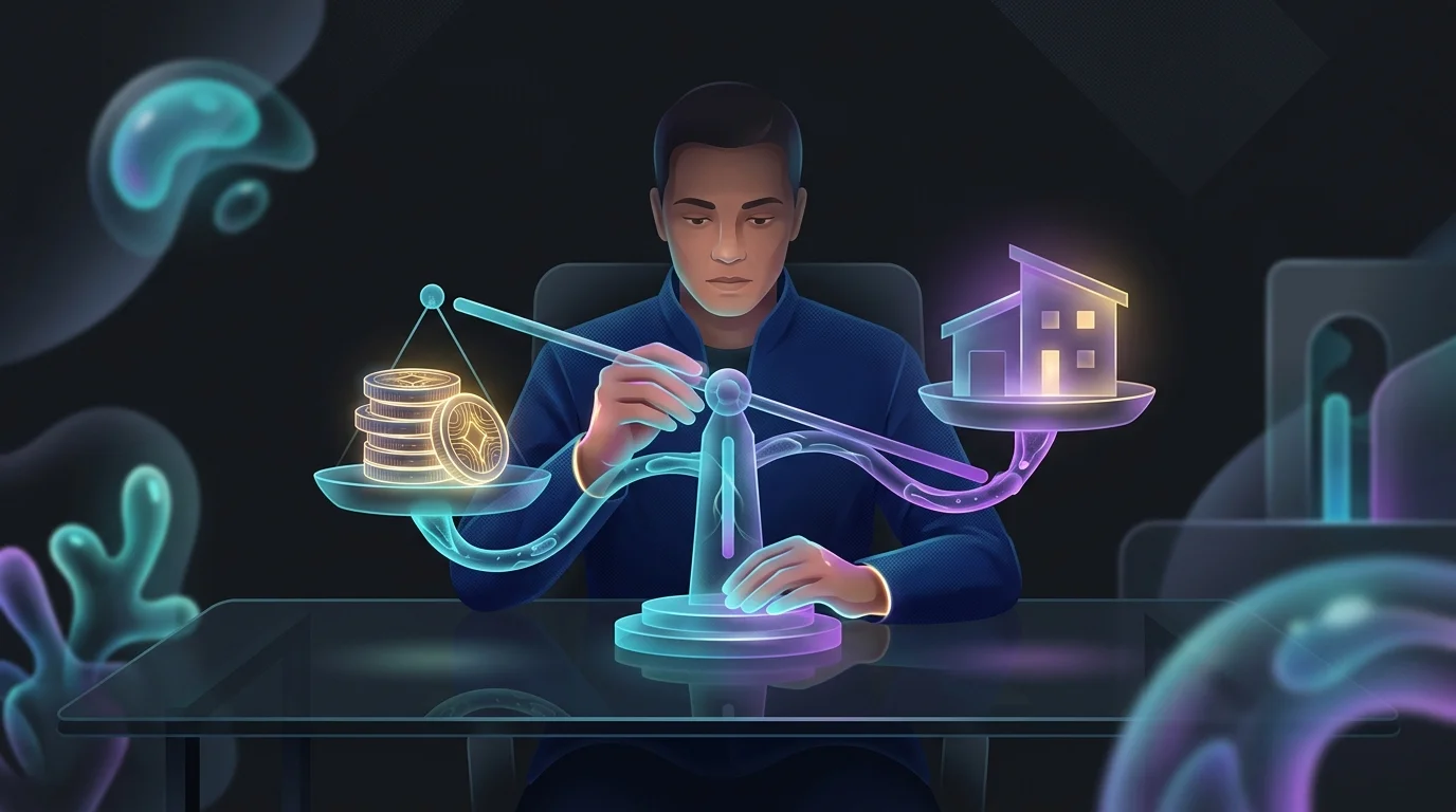 Person balancing coins and a retirement house icon to weigh financial factors for an annuities insurance plan.