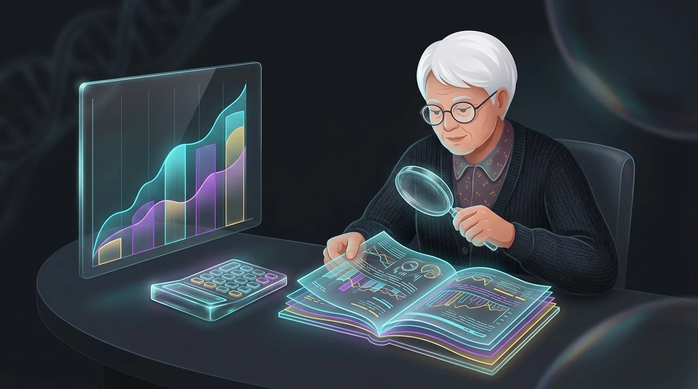 Elderly person reviewing financial documents and annuity insurance papers with a magnifying glass at a desk.