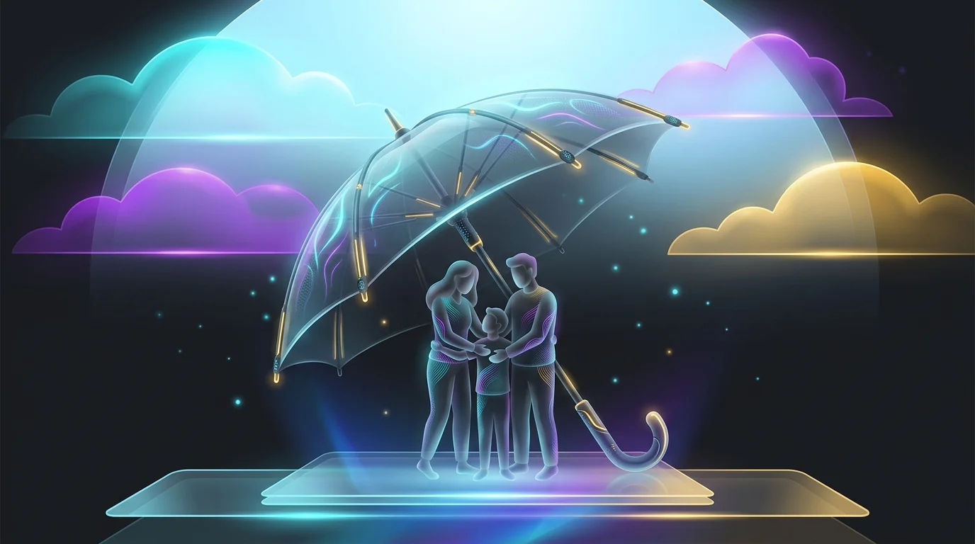 Protective umbrella shielding a family under a clear sky, representing the financial security of life insurance.