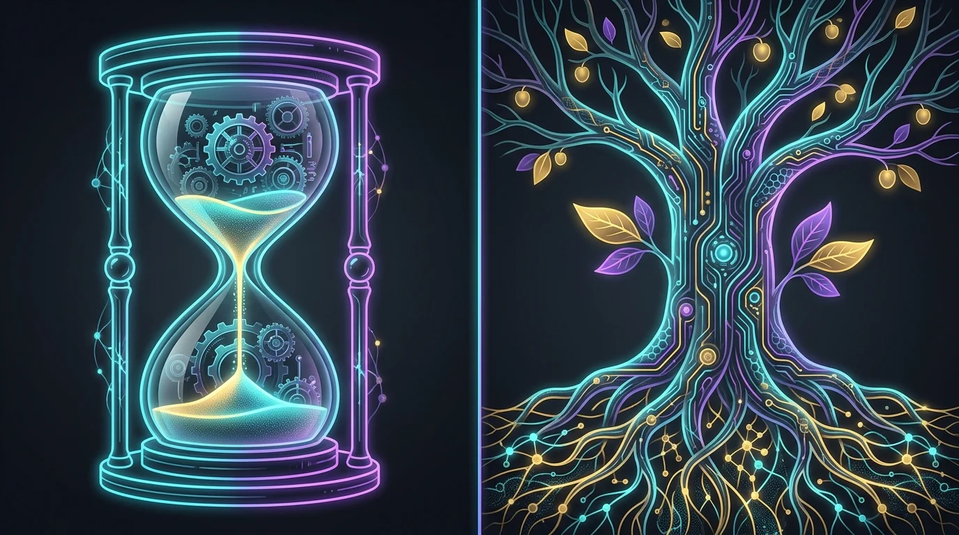 Split illustration of a ticking hourglass for term life insurance and a growing tree for permanent whole life coverage.