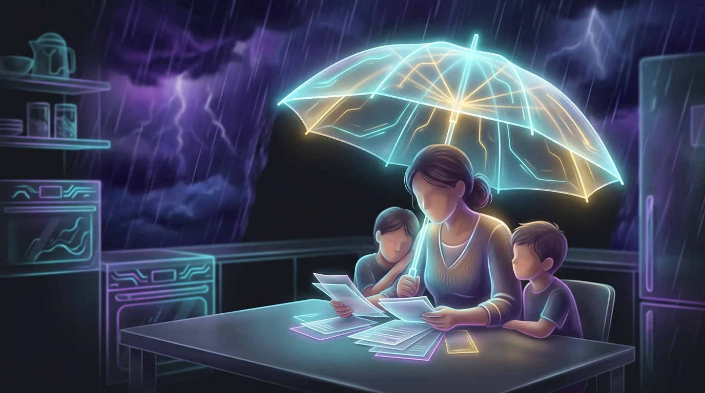 Young mother and children at a table protected by a glowing umbrella, illustrating life insurance financial security.