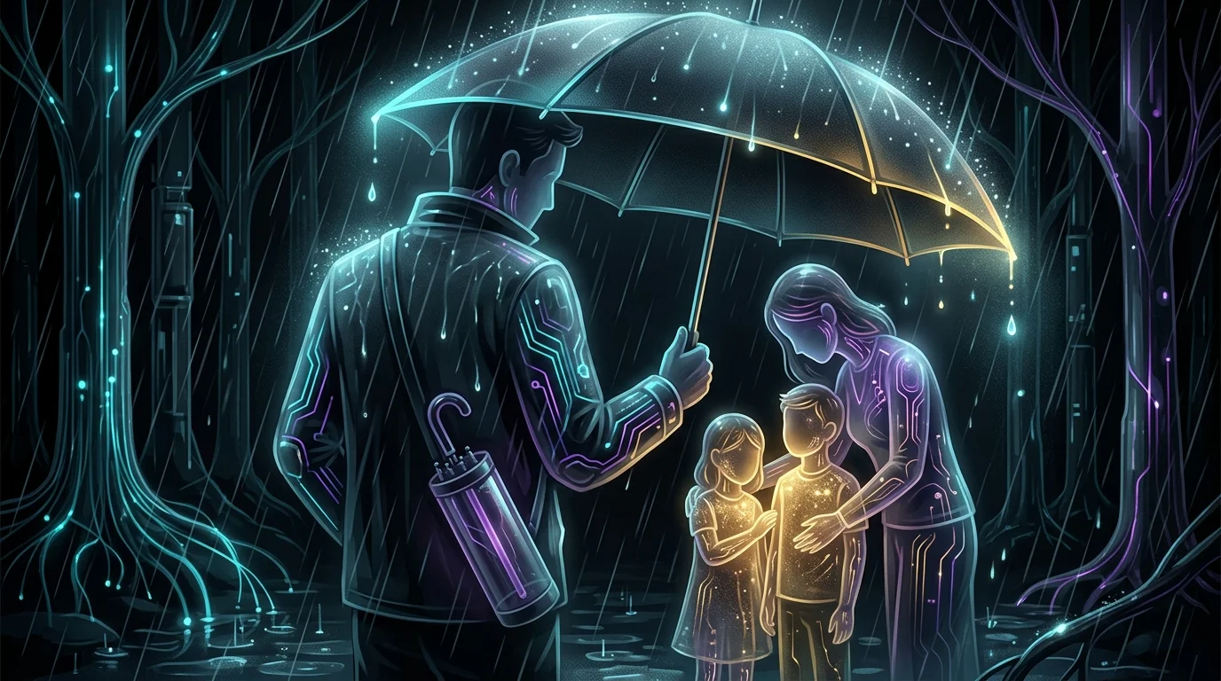 Family under a large umbrella with a backup, representing supplemental group life insurance coverage.