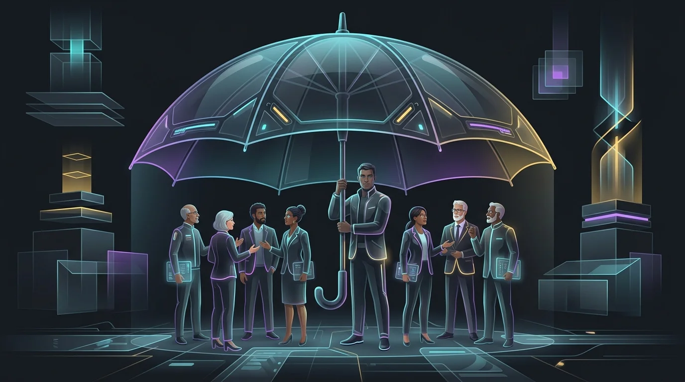 Employer holding a protective umbrella over diverse employees to represent affordable group life insurance coverage.