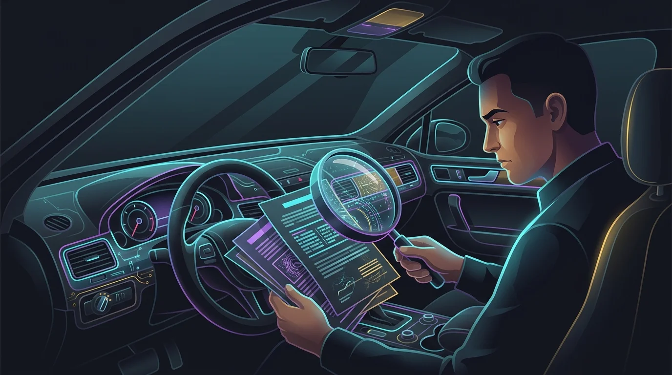 Driver using a magnifying glass to review car insurance policy documents on a dashboard.