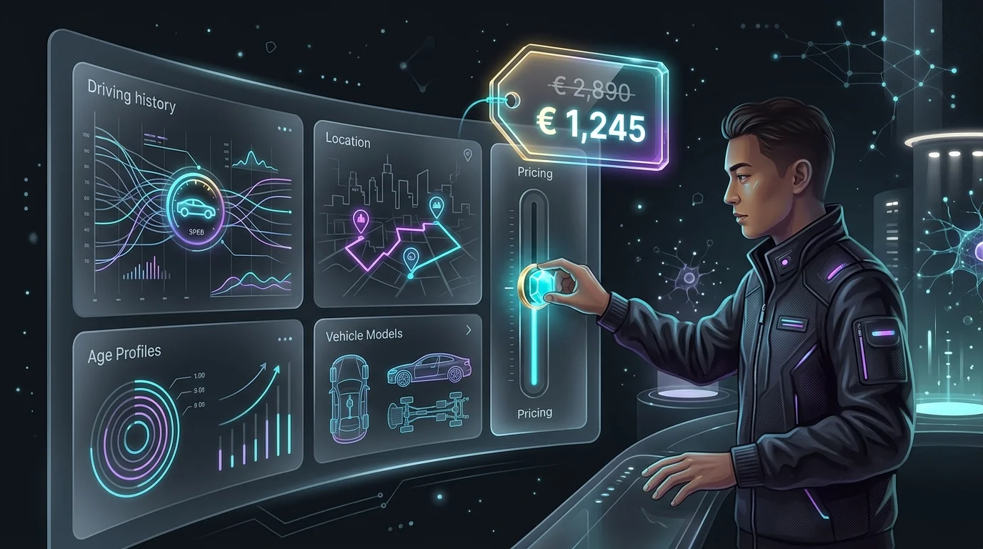 Person adjusting digital dashboard sliders to lower car insurance premiums based on driving history and other factors.