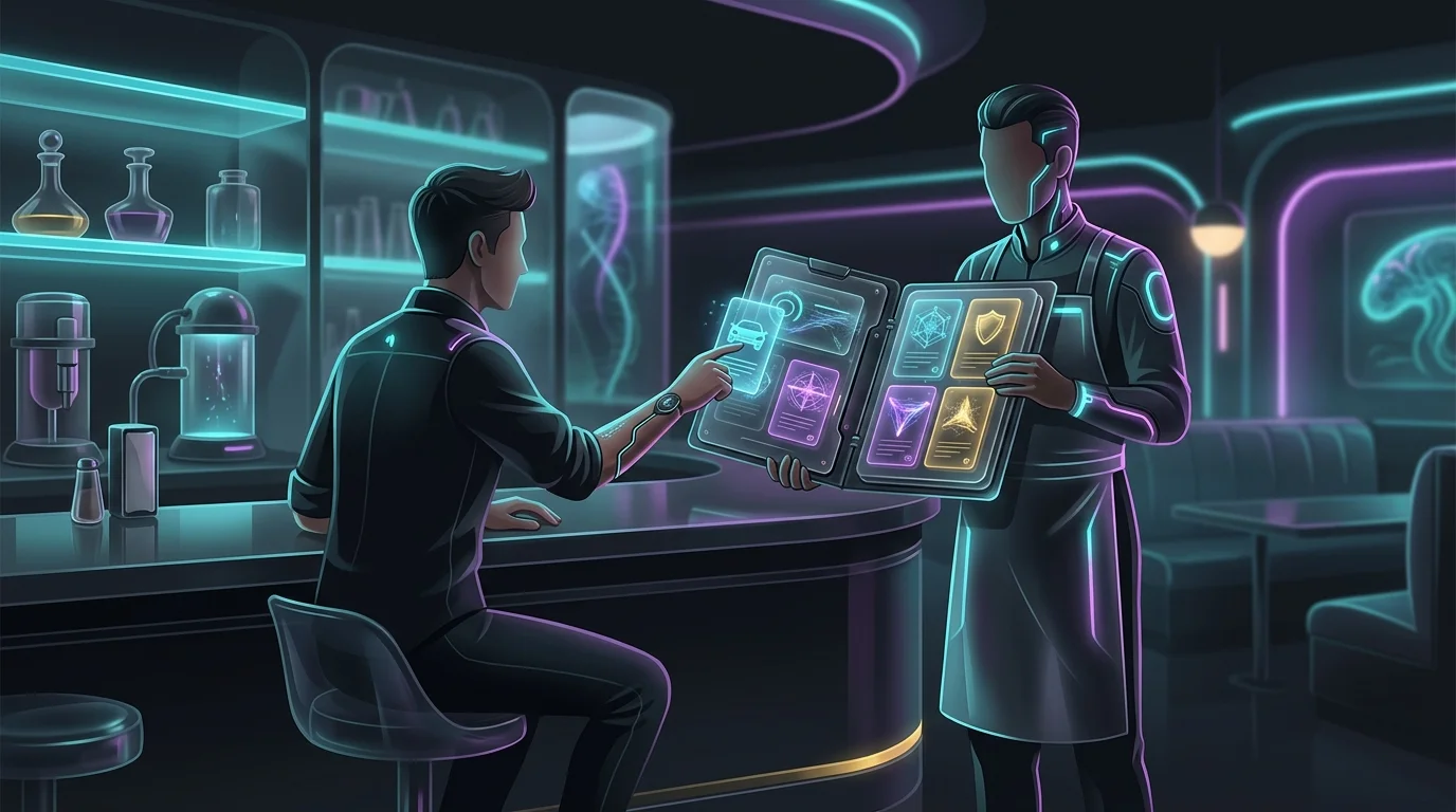 Waiter presenting car insurance coverage menu options to a customer at a diner counter.