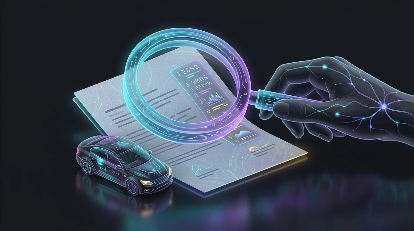 Magnifying glass focusing on coverage limits on an automobile insurance policy document next to a toy car.