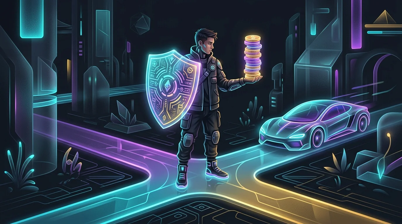 Person at a crossroads balancing a protective shield and coins while choosing the right automobile insurance coverage.