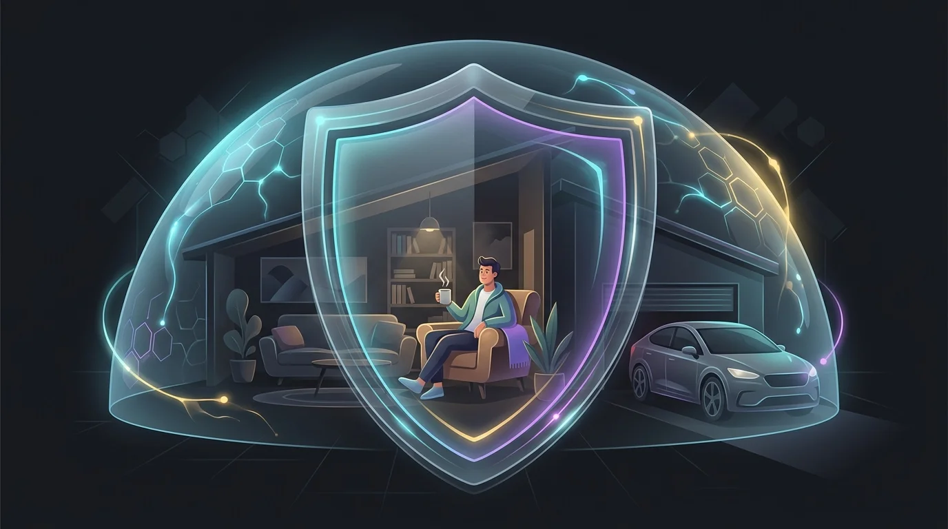 Person relaxing in an armchair with a protective shield over their home and car, representing secure insurance coverage.