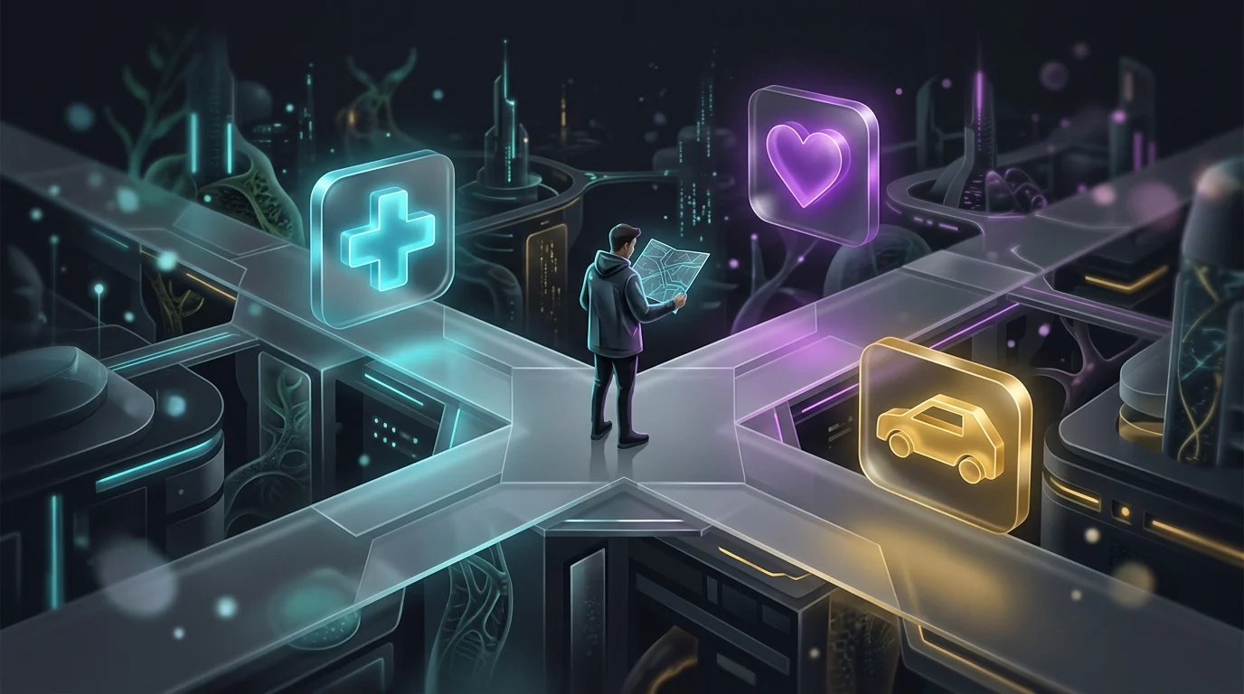 Person holding a map at a crossroads with icons representing health and car insurance options.
