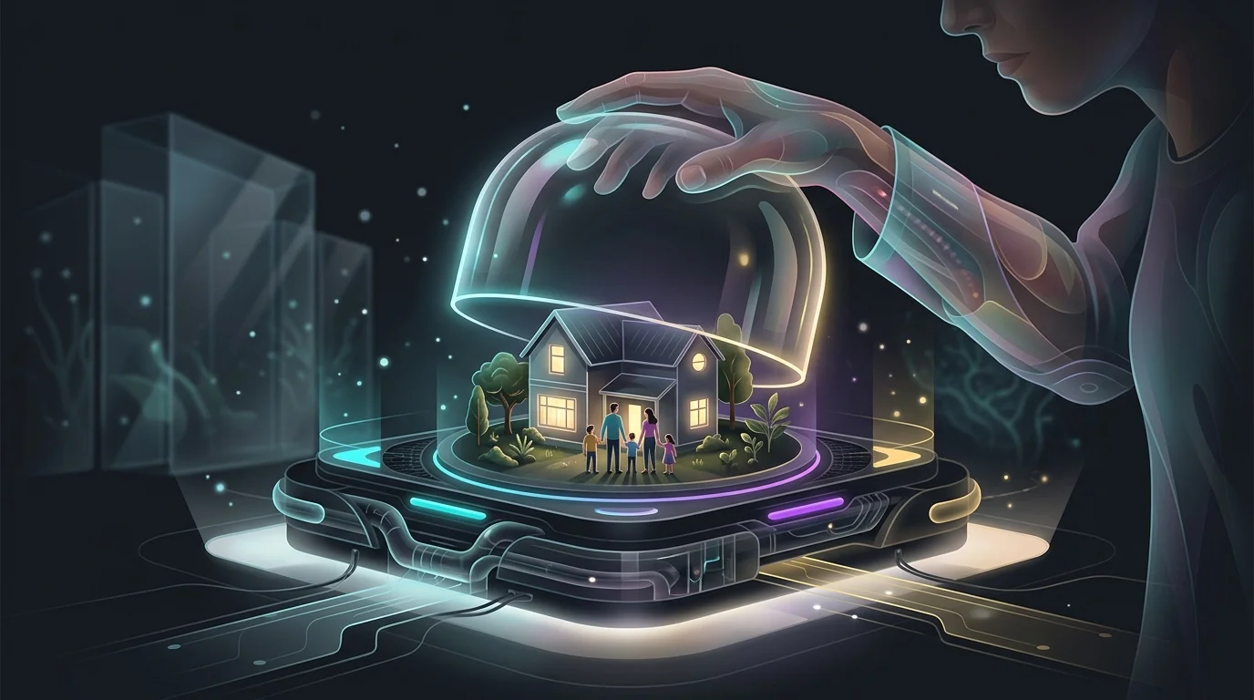 Person placing a glass dome over a miniature house and family to represent term life insurance protection.