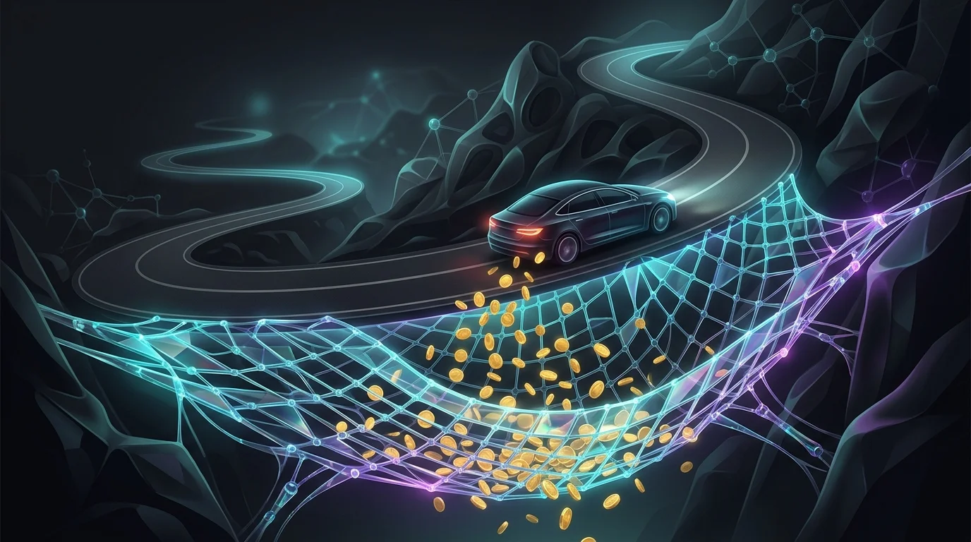 Translucent safety net catching falling coins beneath a sedan to represent financial protection from car insurance.
