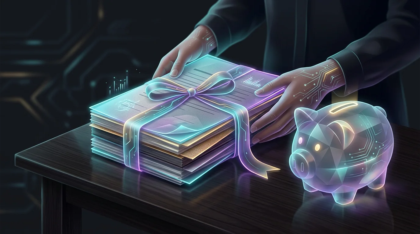 Documents tied with a ribbon and a piggy bank representing savings from bundling multiple insurance policies.