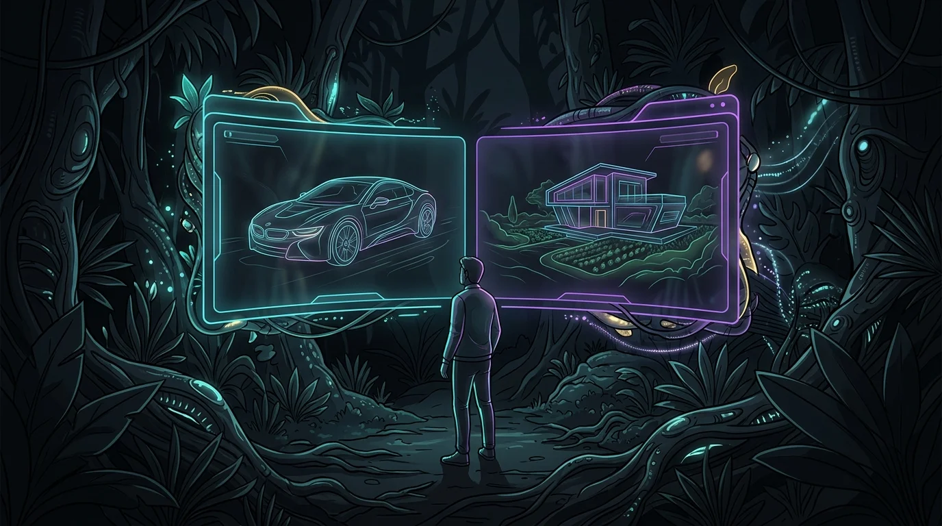 Person in a jungle clearing viewing a digital display comparing auto and home insurance coverage options.