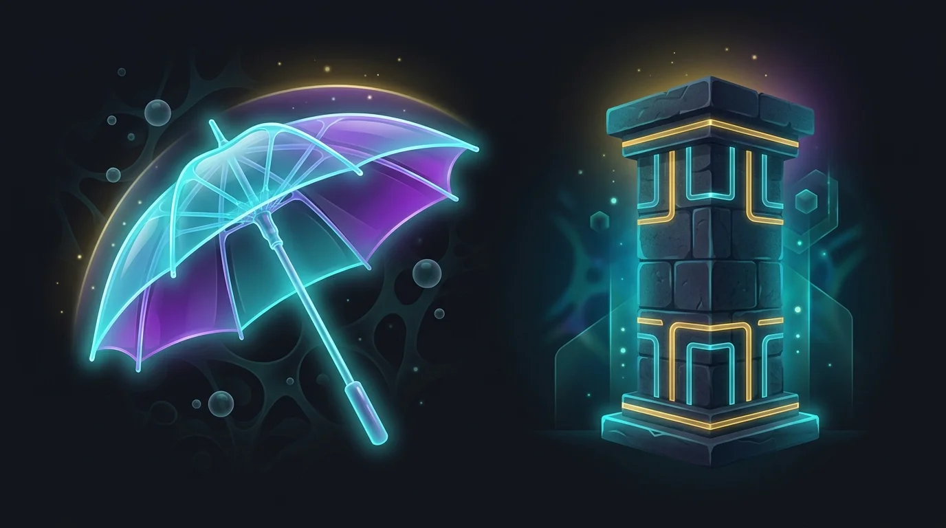 Open umbrella next to a stone pillar representing temporary term life insurance versus permanent coverage.