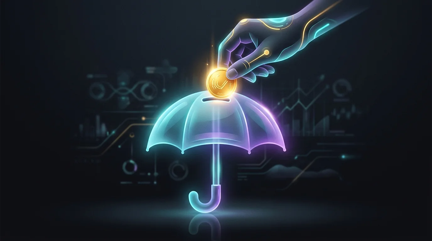 Gold coin entering an umbrella-shaped piggy bank to represent life insurance premiums and long-term financial security.
