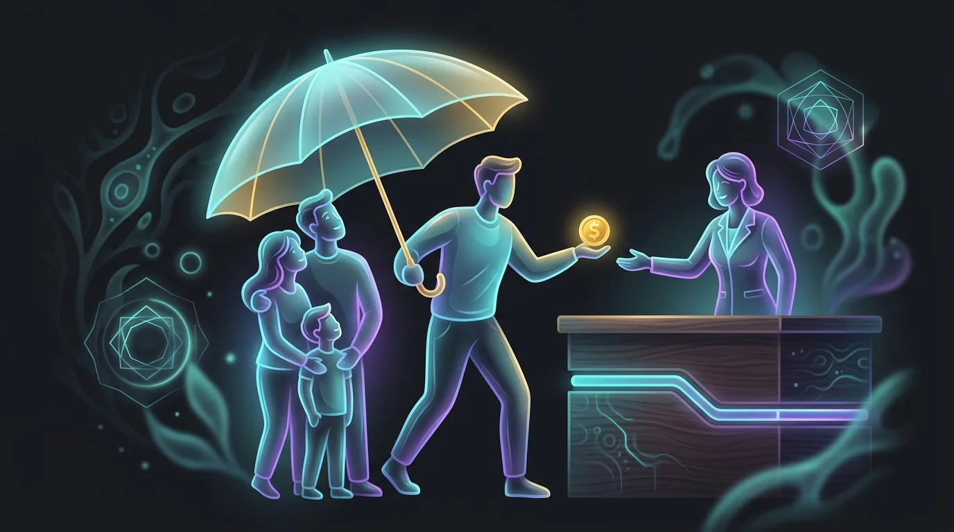 Person paying a life insurance premium to secure financial protection for their family under an umbrella.