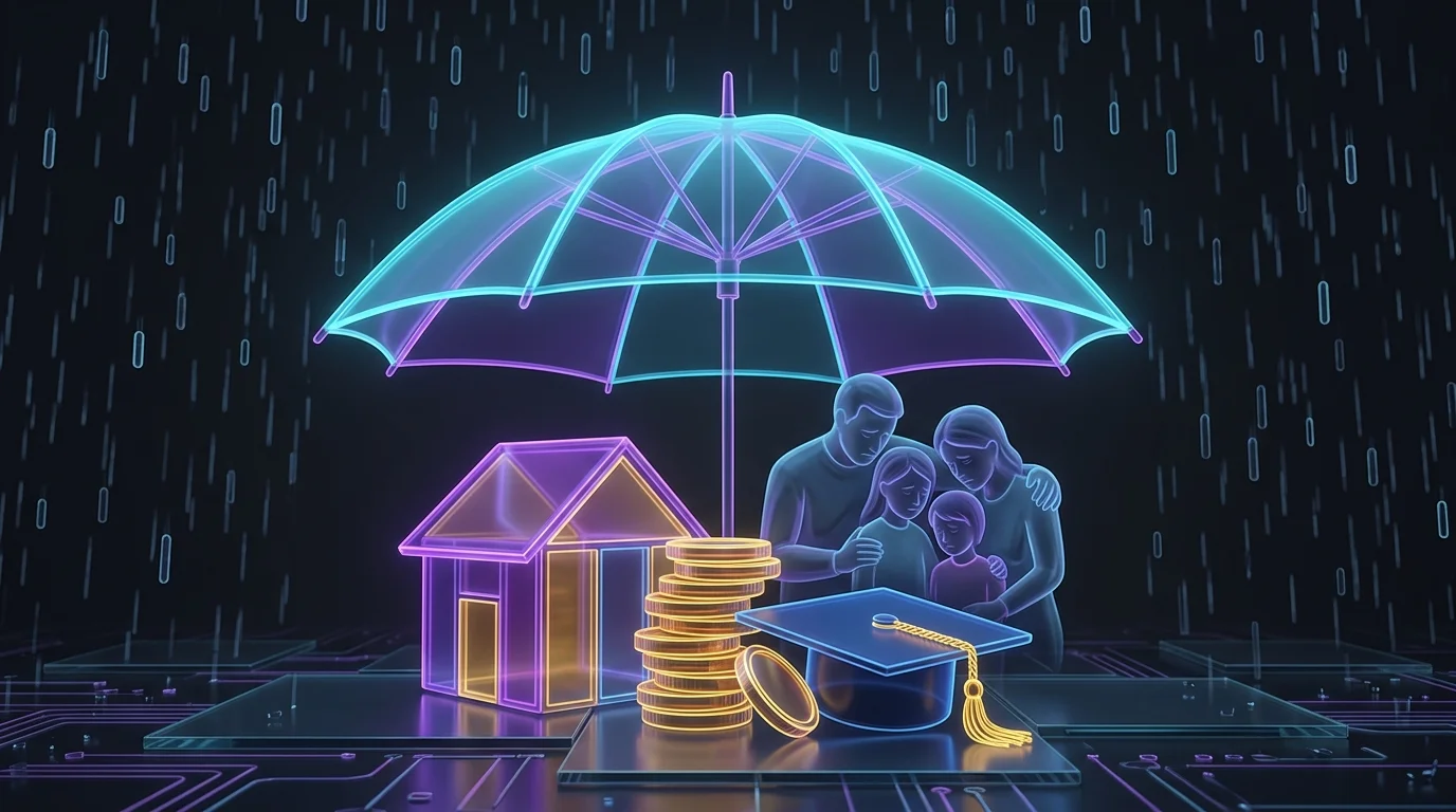 Open umbrella shielding a family, home, and savings from rain to represent life insurance financial protection.