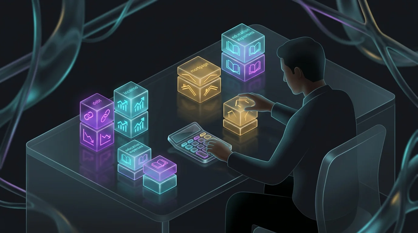 Person using a calculator to organize blocks representing debt and expenses for life insurance coverage calculations.