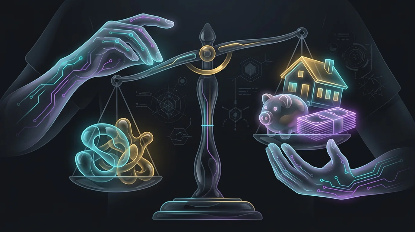 Person balancing household bills and a house model on scales to calculate life insurance income replacement needs.