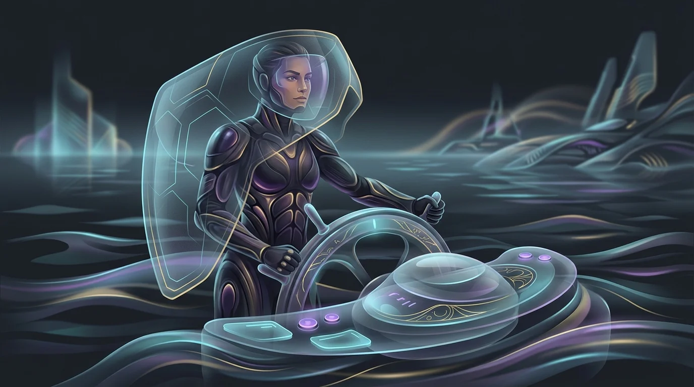 Person confidently steering a ship while holding a protective shield, symbolizing secure health insurance coverage.