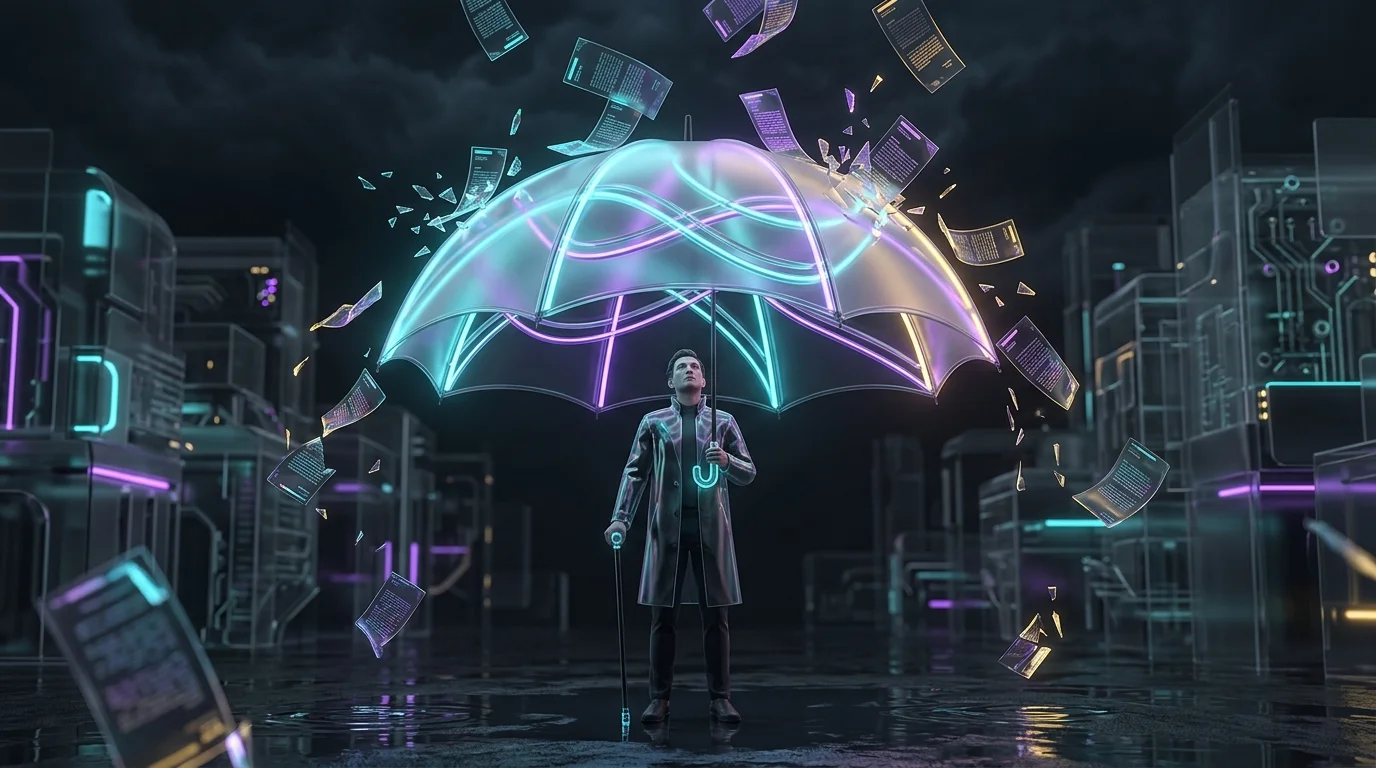 Translucent umbrella shielding a person from falling medical bills to represent the protection of health insurance.
