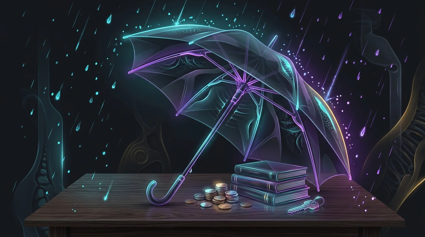 Open umbrella sheltering coins, books, and a house key to represent life insurance coverage for family financial security.