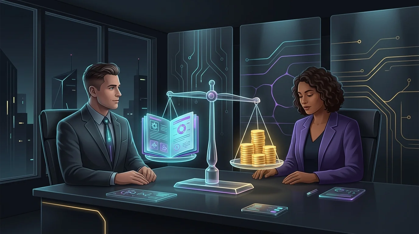 Insurance agent weighing health factors against term life insurance premium costs on a scale.