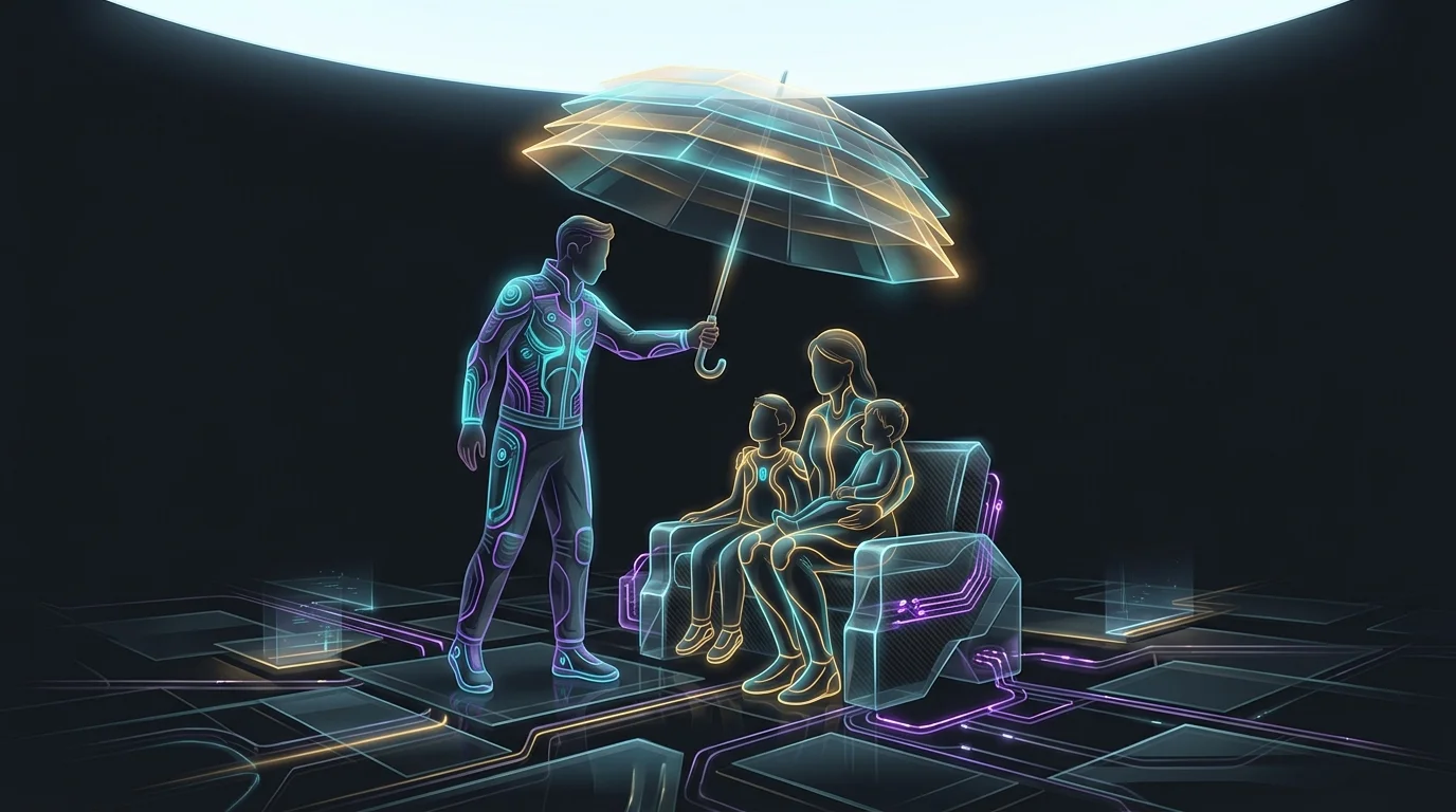 Parent holding an umbrella over their family to represent the financial protection of term life insurance.