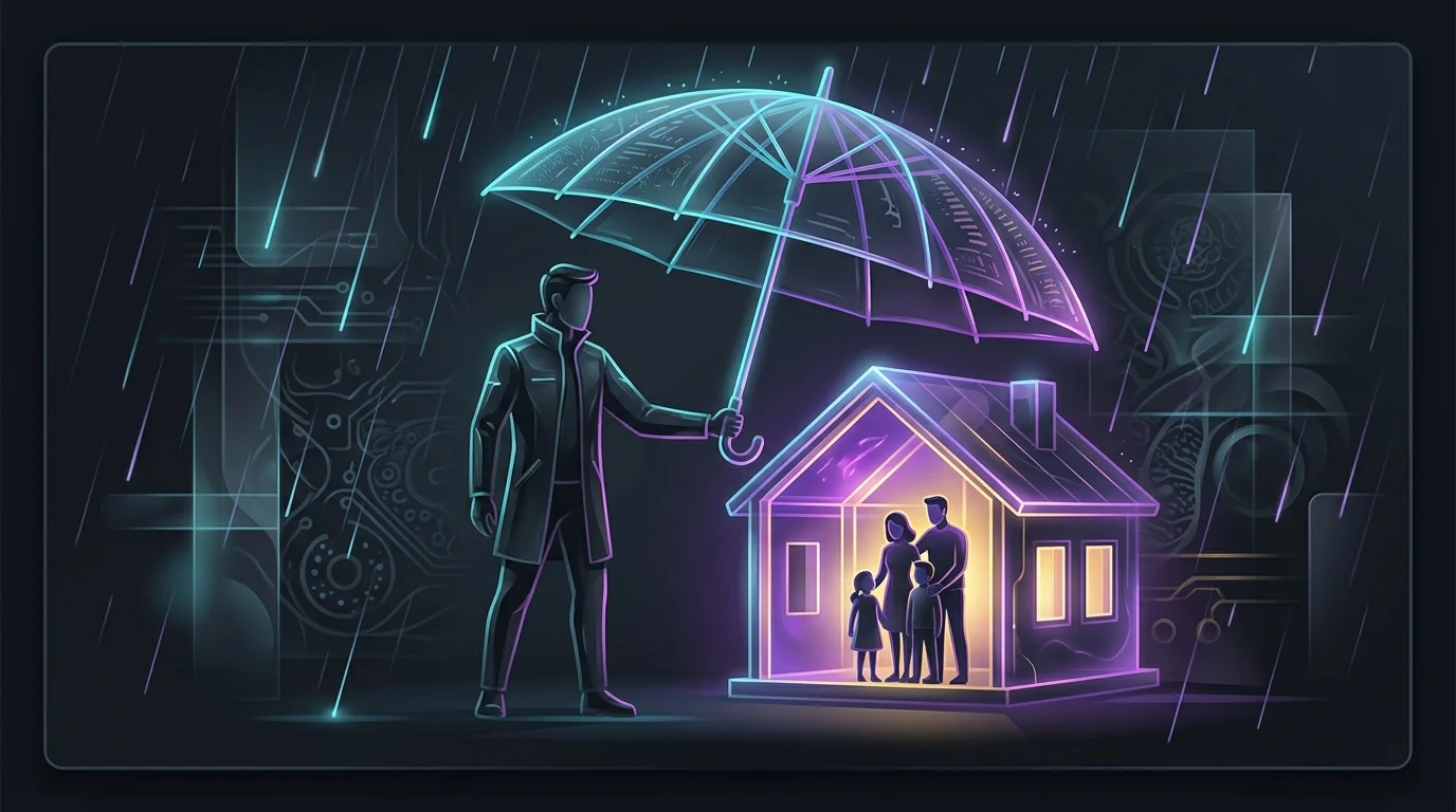 Protective umbrella with an expiration date shielding a house and family, illustrating term life insurance coverage.
