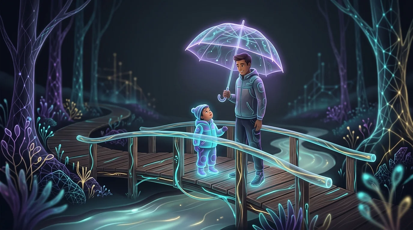 Young parent holding an umbrella over a child on a bridge, representing the protection of term life insurance coverage.