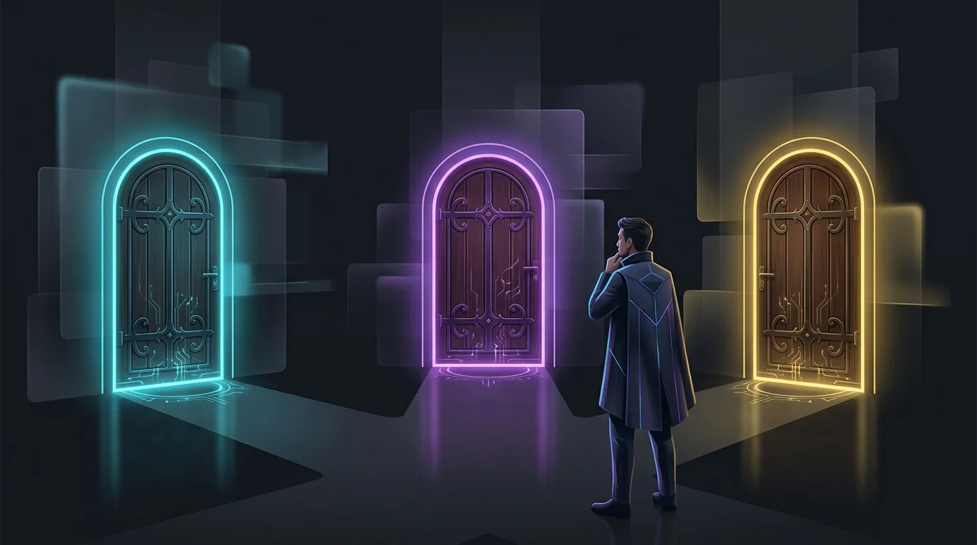 Person at a crossroads choosing between wooden doors representing different whole life insurance policy types.