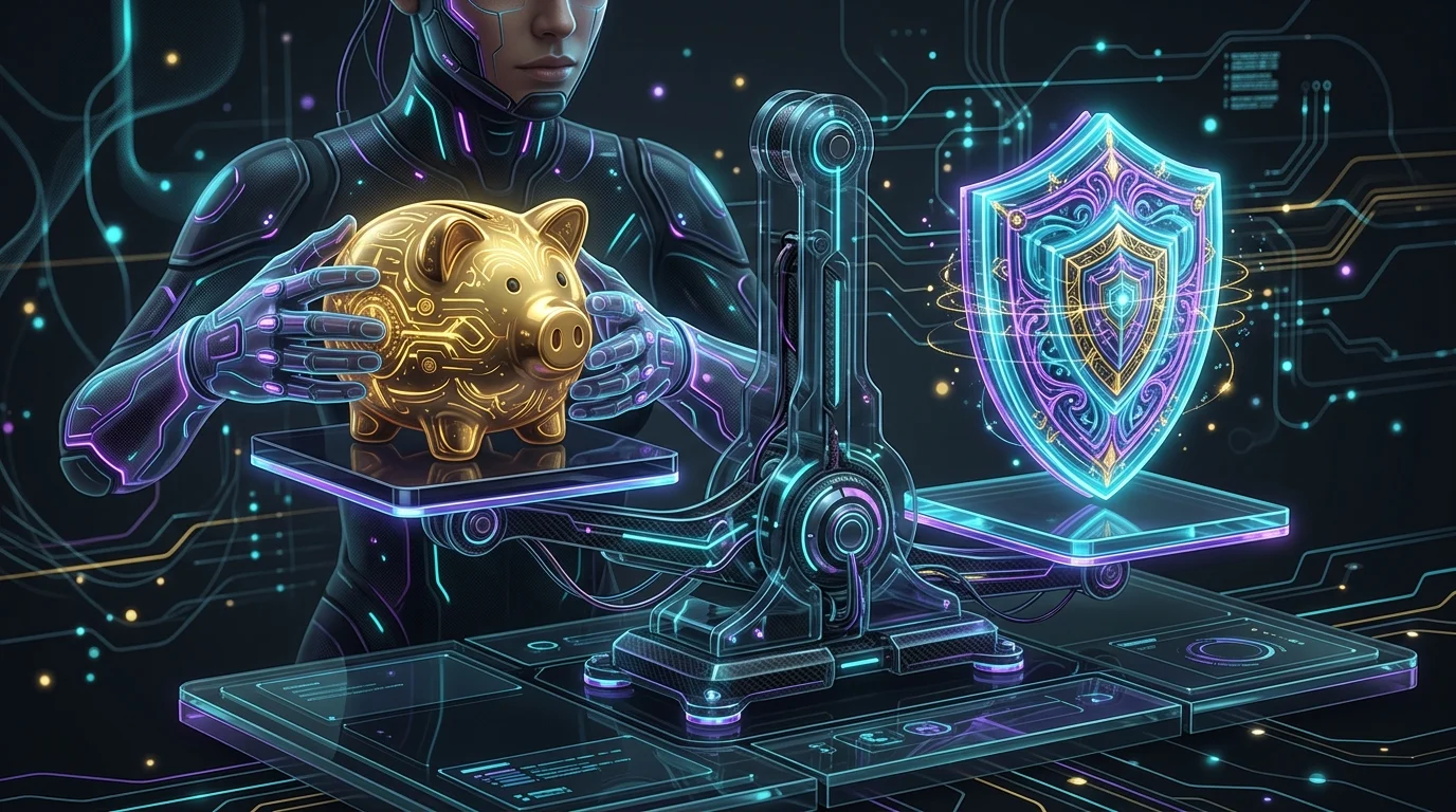 Golden piggy bank balanced against a protective shield representing the cost and security of whole life insurance.