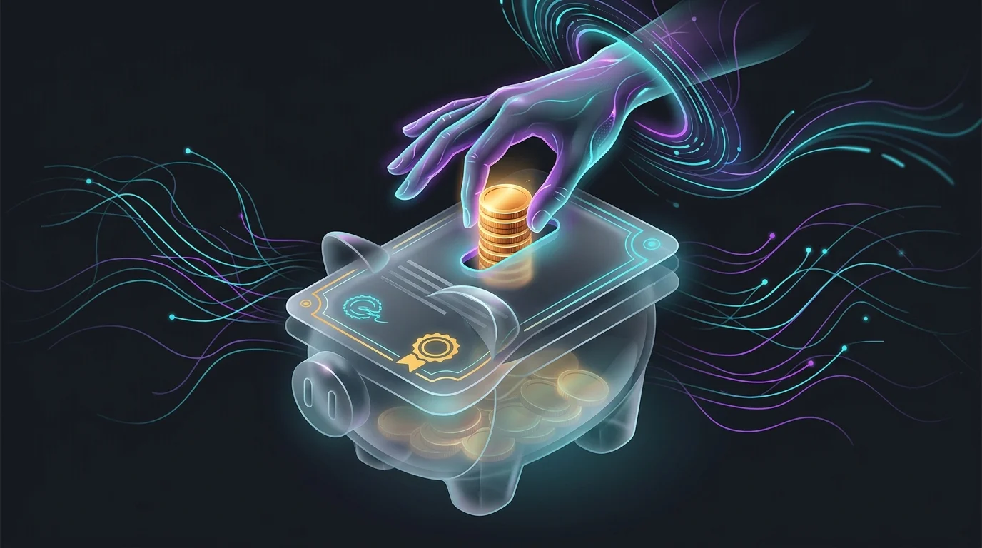 Hand pulling gold coins from a policy-shaped piggy bank to represent accessing whole life insurance cash value.