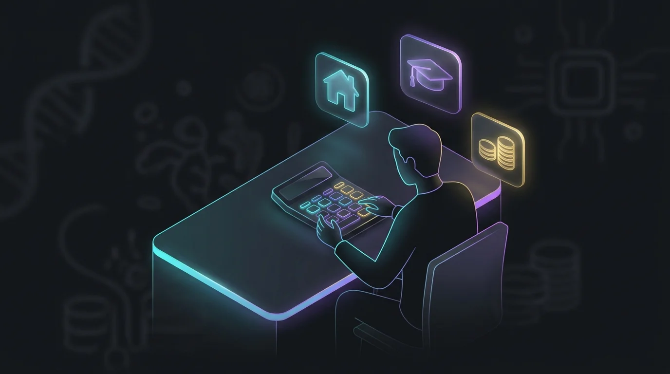 Person calculating life insurance needs with icons representing mortgage, education, and savings goals.