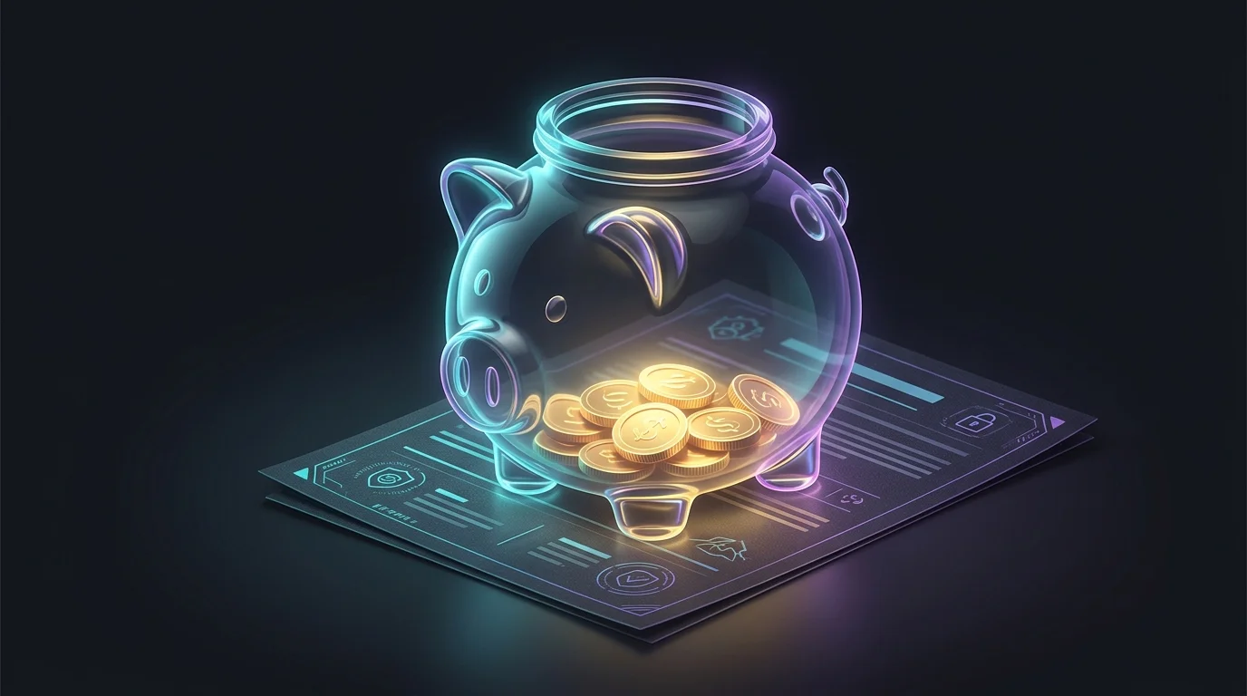 Glass piggy bank sitting on a cash value life insurance policy document with golden coins filling the base.