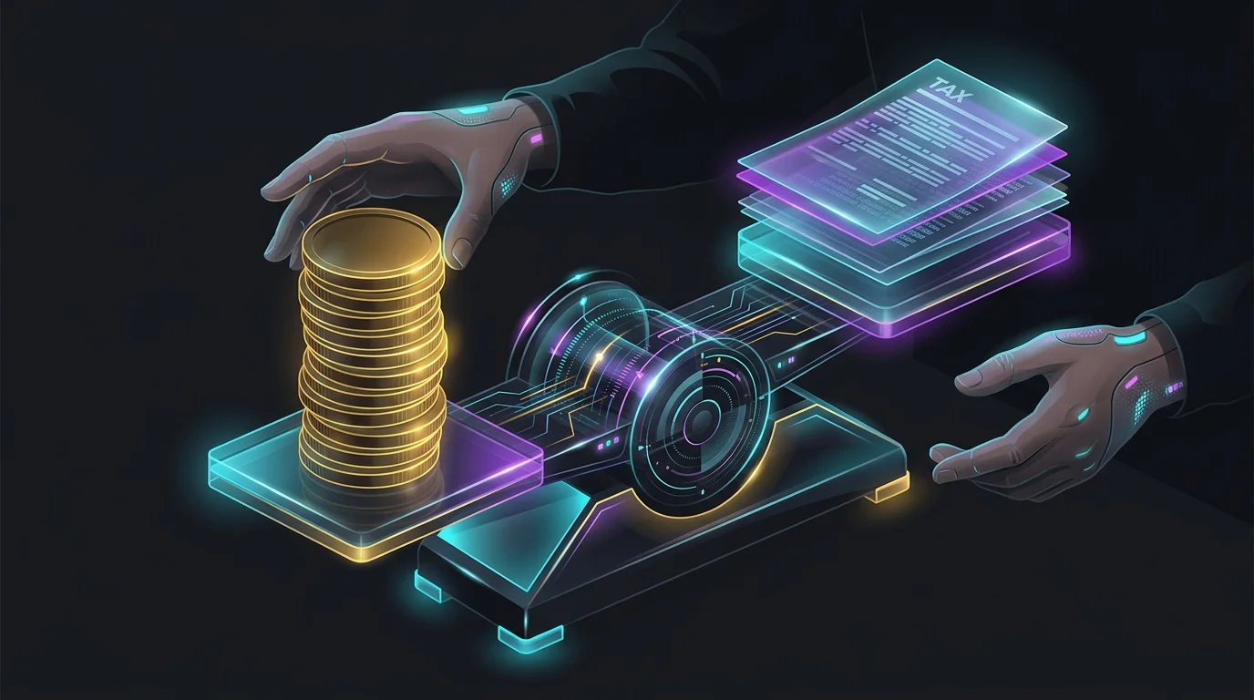 Person balancing gold coins against tax documents to illustrate tax-deferred growth in cash value life insurance.