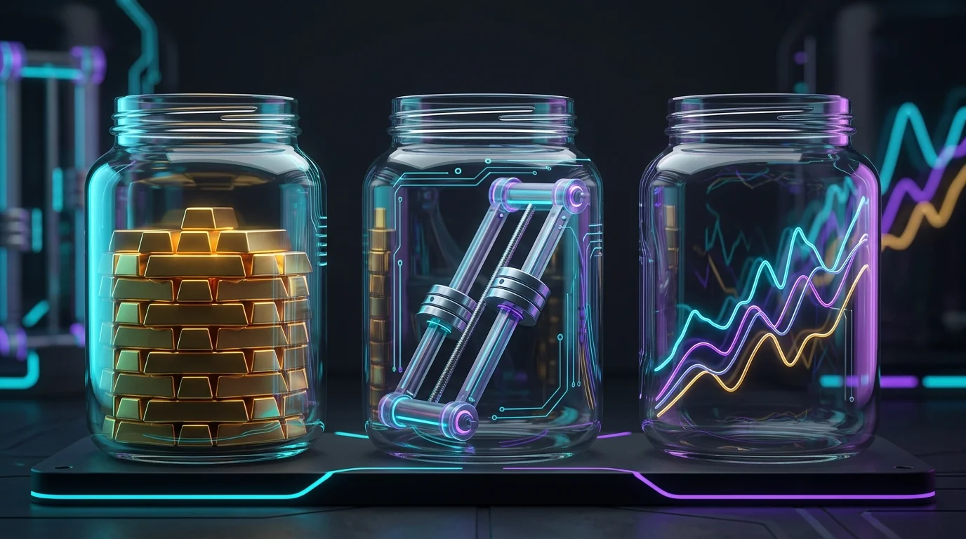 Three glass jars representing the distinct features of whole and universal cash value life insurance policies.