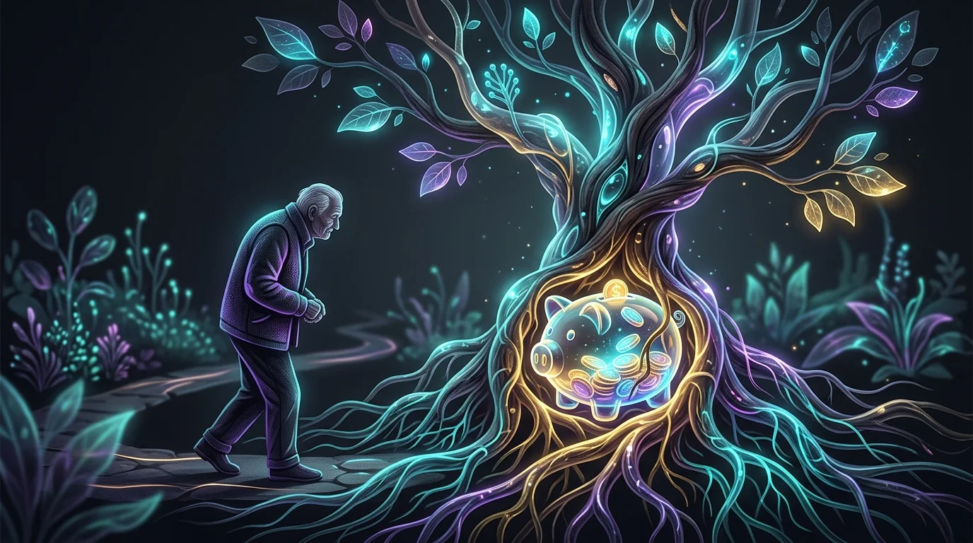 Elderly person walking by a flourishing tree with a glass piggy bank in its roots to illustrate permanent life insurance.