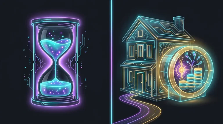 Split screen comparing a temporary hourglass for term life insurance and a permanent home with savings.
