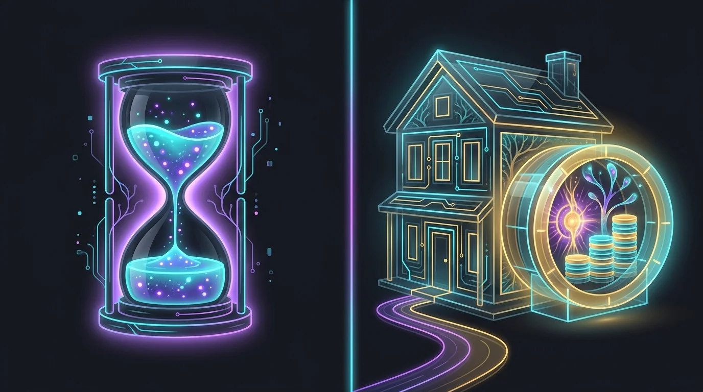 Split screen comparing a temporary hourglass for term life insurance and a permanent home with savings.
