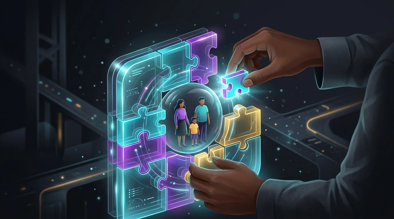 Person adding a puzzle piece to a structure representing voluntary life insurance and family financial protection.