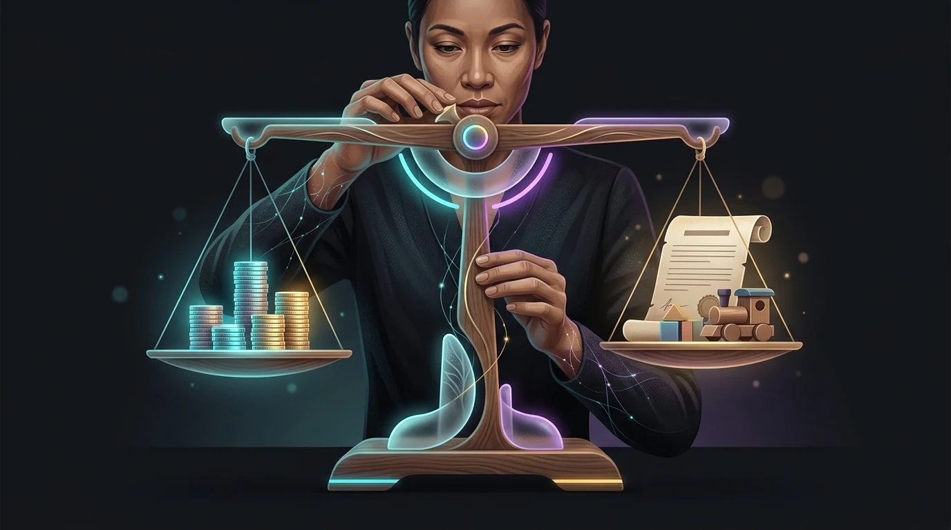 Person balancing a scale with coins against household items to determine affordable life insurance coverage.